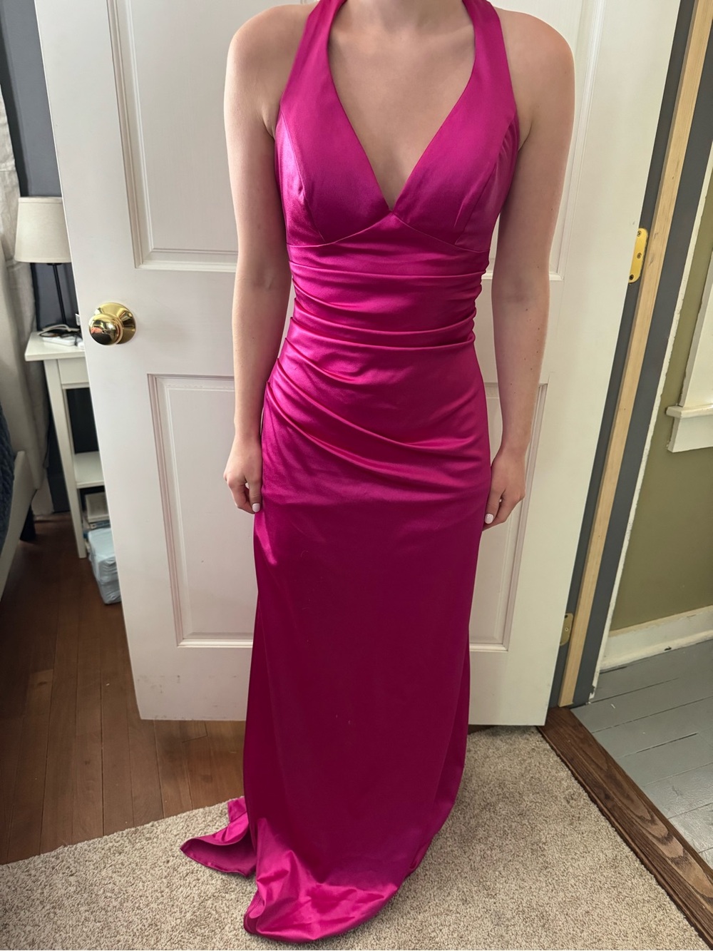 B Darlin Fuchsia Halter Satin Prom Gown
